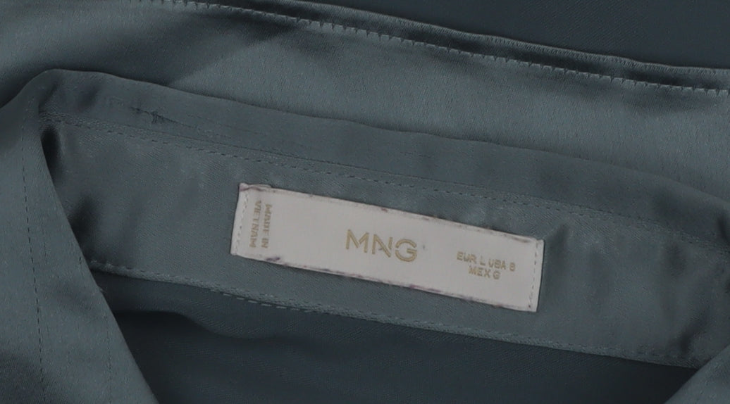 MNG Women's Blue Satin Button-Up Long Sleeve Shirt Size 14