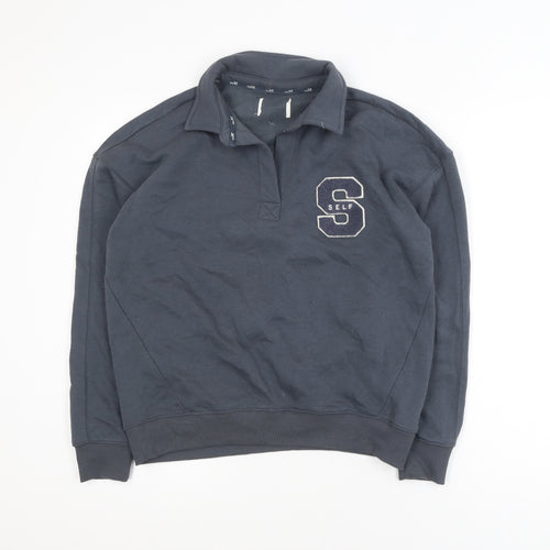 Self Men's Blue Collared Henley Sweatshirt XS Embroidered College Style