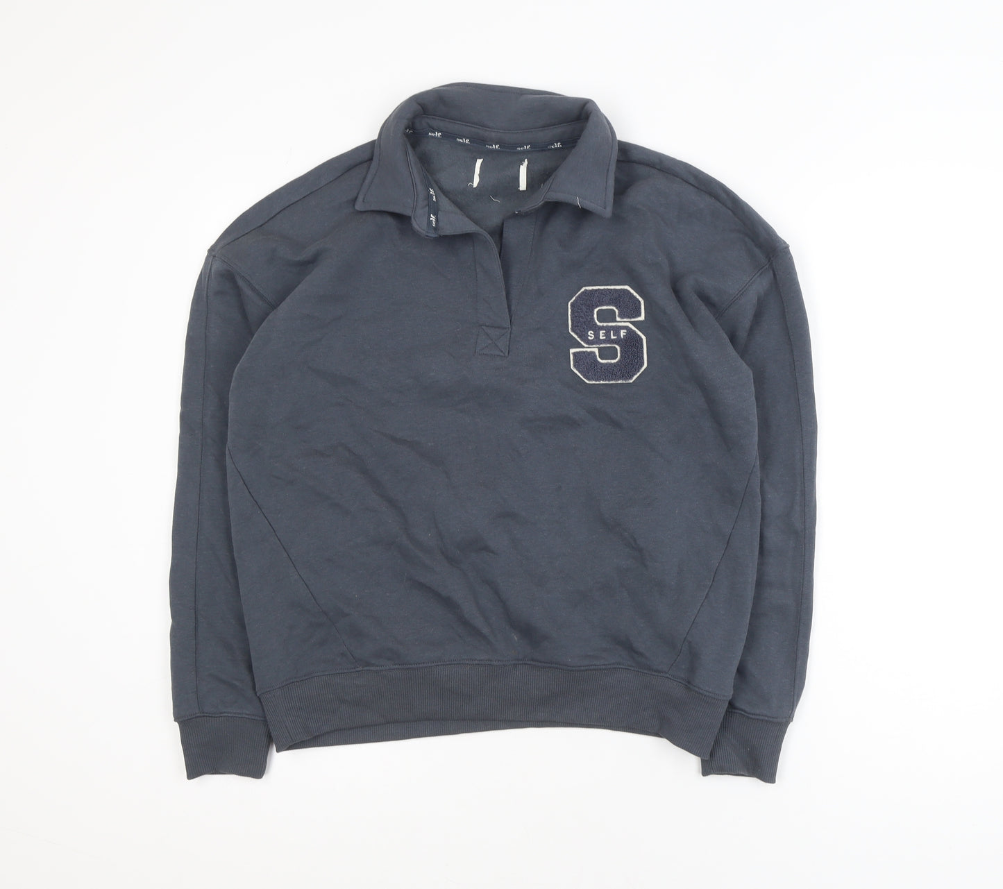 Self Men's Blue Collared Henley Sweatshirt XS Embroidered College Style