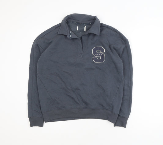 Self Men's Blue Collared Henley Sweatshirt XS Embroidered College Style