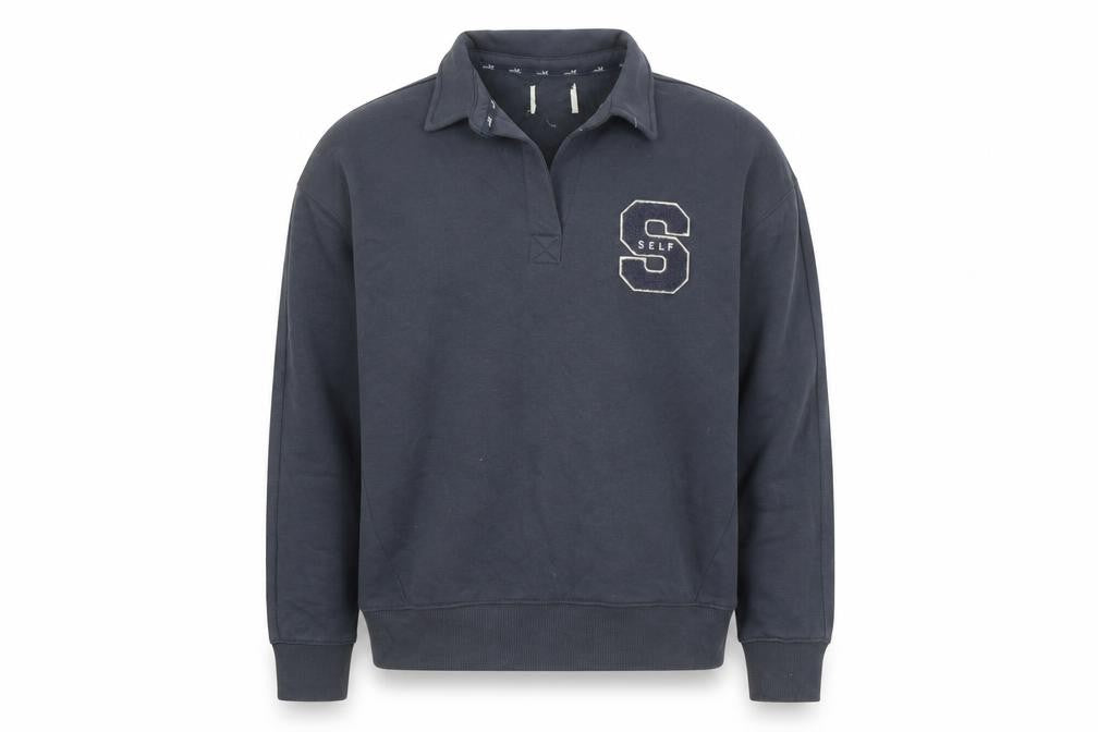 Front view of Self Men's Blue Collared Henley Sweatshirt XS Embroidered College Style