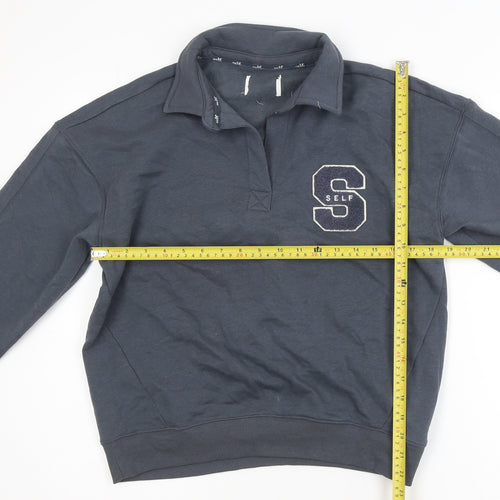 Self Men's Blue Collared Henley Sweatshirt XS Embroidered College Style