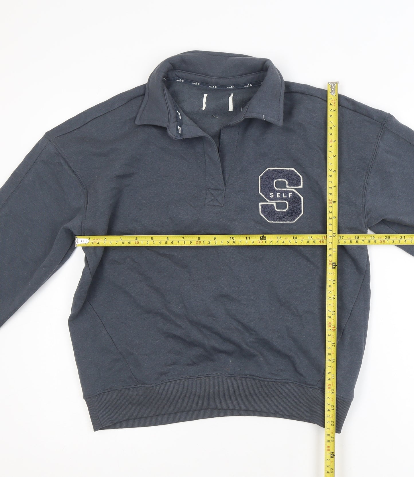 Self Men's Blue Collared Henley Sweatshirt XS Embroidered College Style