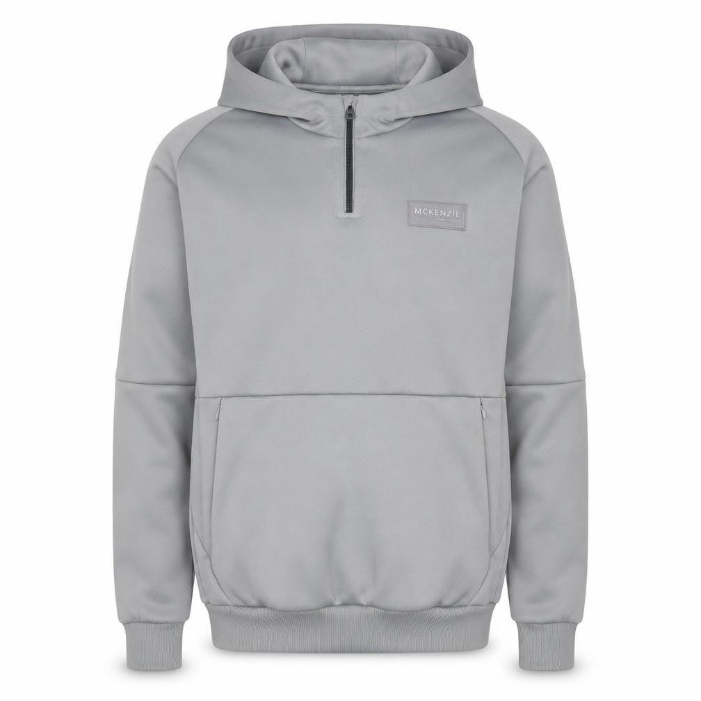 Front view of McKenzie Men's Grey 1/4 Zip Hoodie Pullover, size S, Polyester Blend