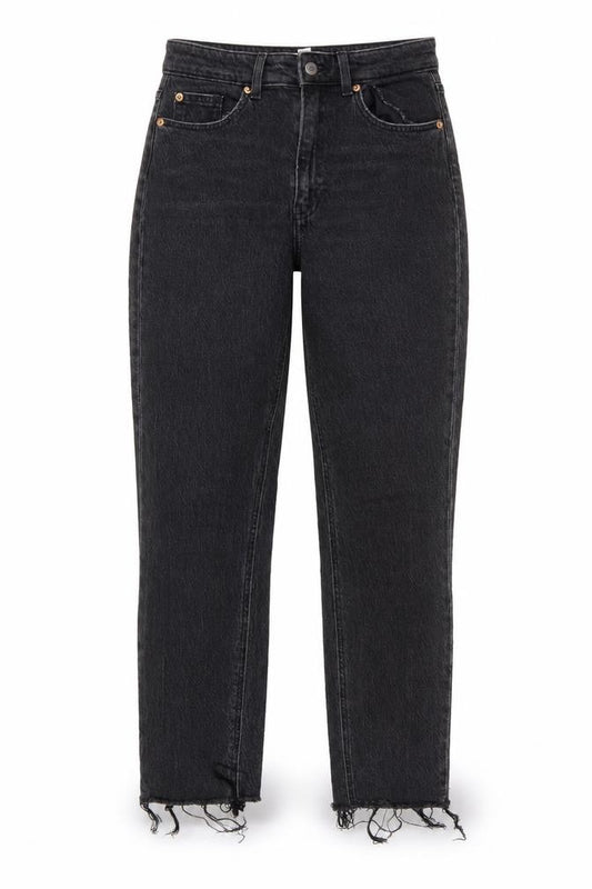Front view of H&M women’s black high rise straight jeans, size UK 10