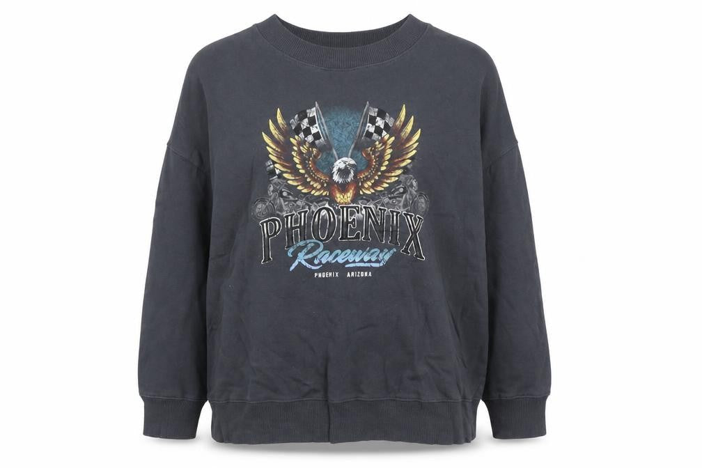 Front view of Anko Women's Black Phoenix Raceway Graphic Pullover Sweatshirt, size 16