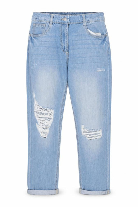 Front view of Quiz Women's Blue Distressed Boyfriend Jeans, size 8