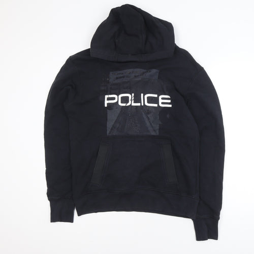 Police Men's Black Cotton Pullover Hoodie Size M with Logo Print