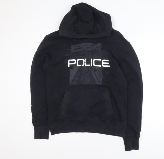Police Men's Black Cotton Pullover Hoodie Size M with Logo Print