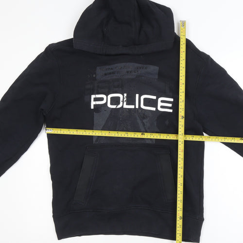 Police Men's Black Cotton Pullover Hoodie Size M with Logo Print