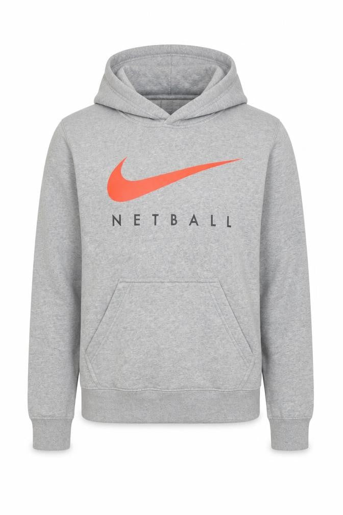 Front view of Nike unisex grey s pullover hoodie sports netball sweatshirt