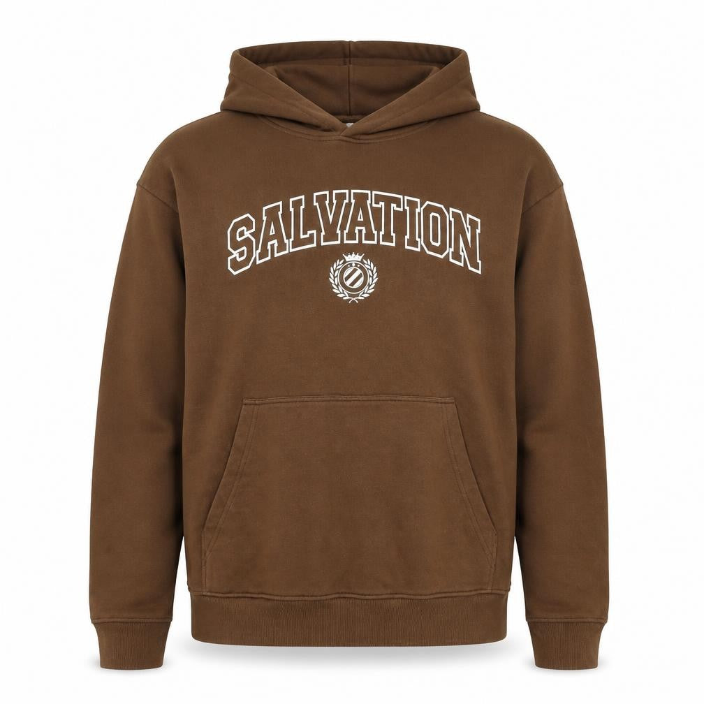 Front view of Bellfield Men Brown Pullover Hoodie M Logo Graphic Fleece