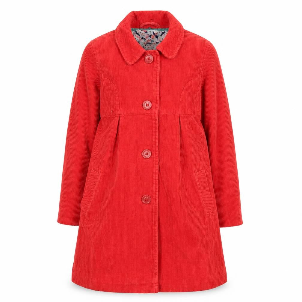 Mini Boden Girls Red Corduroy Mid-Length Coat 9-10 Years Lined Button Up