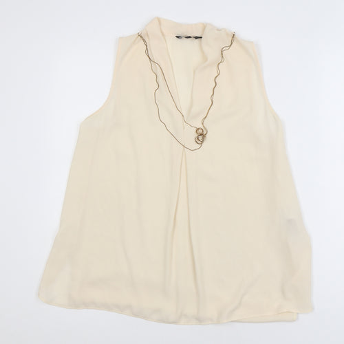 New Look Women Beige Chiffon Sleeveless V-Neck Blouse Size 10