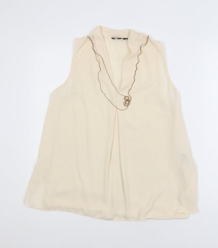 New Look Women Beige Chiffon Sleeveless V-Neck Blouse Size 10