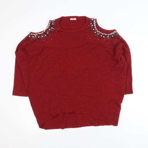 MOËWY Women's Red Cold Shoulder Beaded Knit Jumper One Size