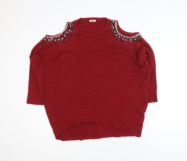 MOËWY Women's Red Cold Shoulder Beaded Knit Jumper One Size