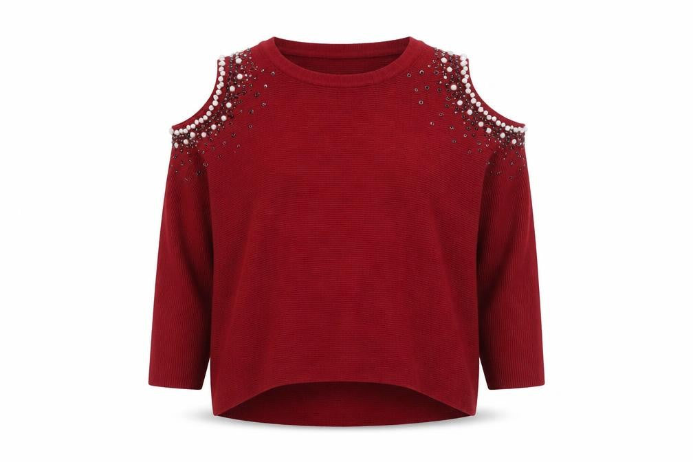 Front view of MOËWY Women's Red Cold Shoulder Beaded Knit Jumper One Size