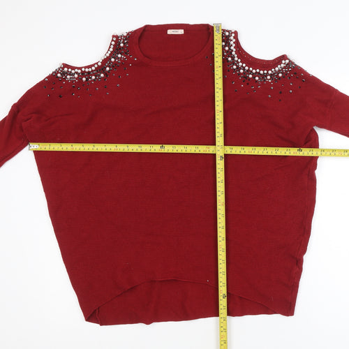 MOËWY Women's Red Cold Shoulder Beaded Knit Jumper One Size