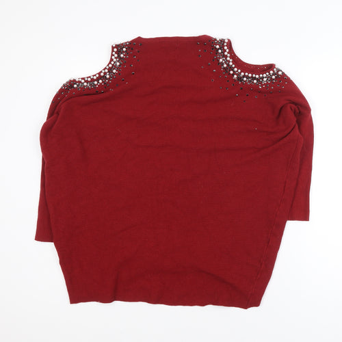 MOËWY Women's Red Cold Shoulder Beaded Knit Jumper One Size