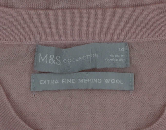 Marks and Spencer Womens Pink Merino Wool Crew Neck Jumper Size 14