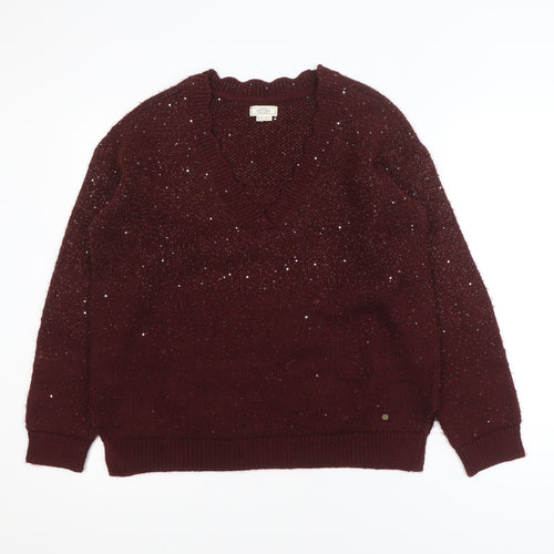 Fat Face Women's Burgundy V-Neck Sequin Knit Jumper UK 10