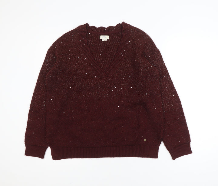 Fat Face Women's Burgundy V-Neck Sequin Knit Jumper UK 10