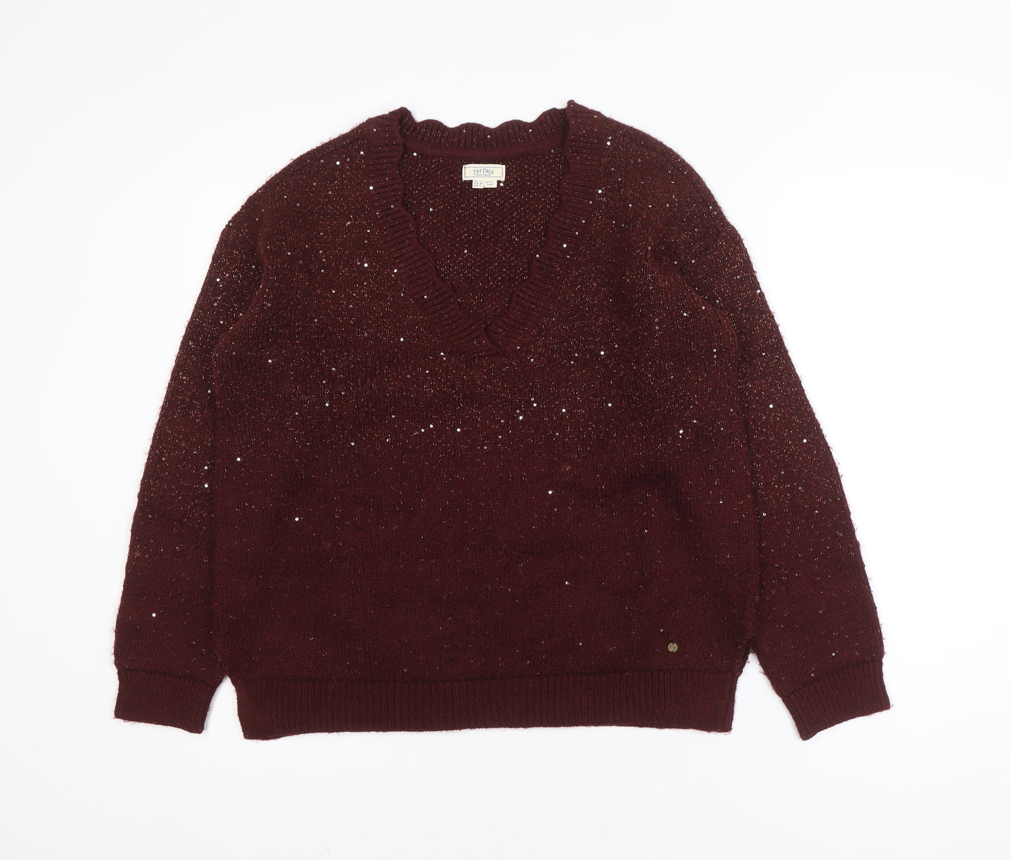 Fat Face Women's Burgundy V-Neck Sequin Knit Jumper UK 10