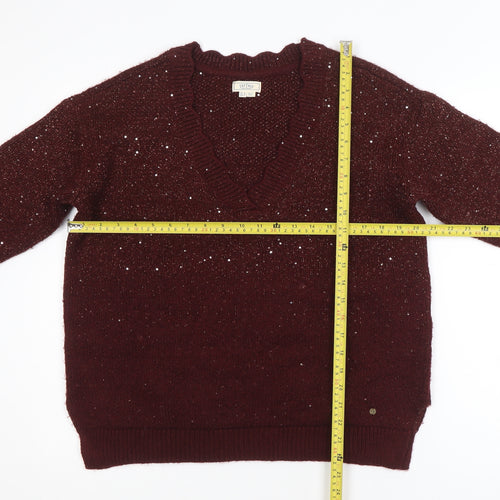 Fat Face Women's Burgundy V-Neck Sequin Knit Jumper UK 10