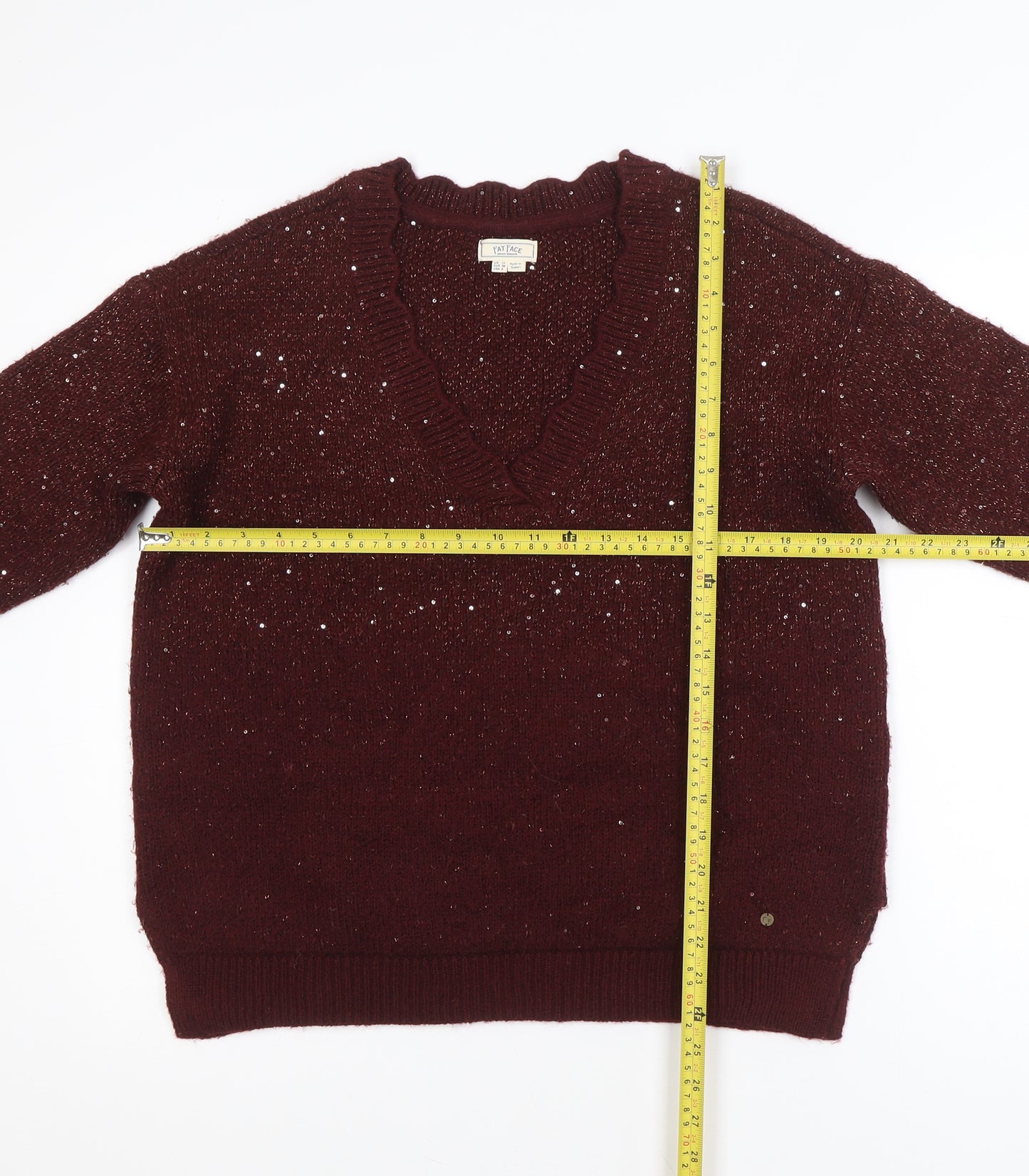 Fat Face Women's Burgundy V-Neck Sequin Knit Jumper UK 10