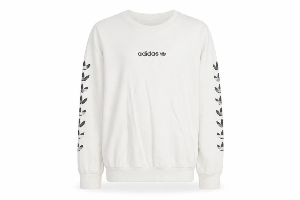 Front view of Adidas boys’ beige crew neck pullover sweatshirt l 13-14 years