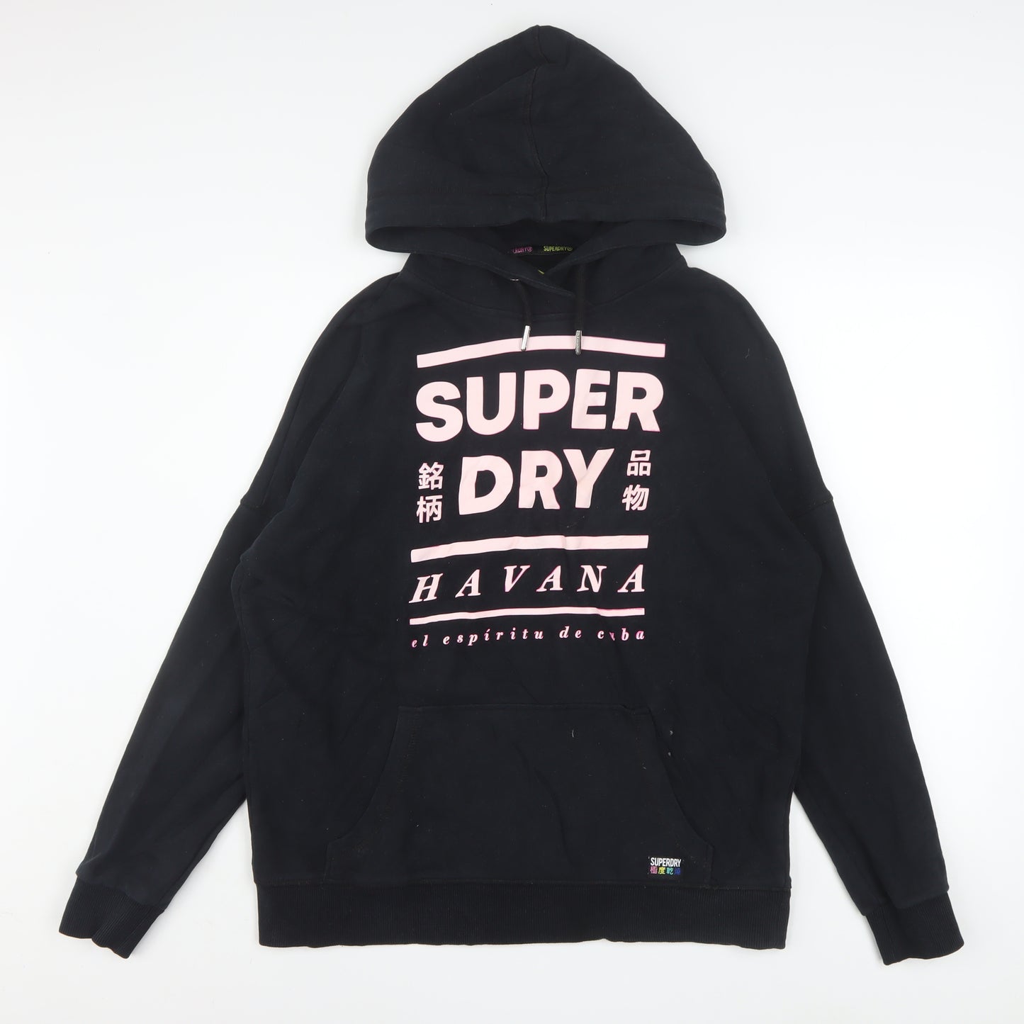 Superdry Women Black Pink Havana Hoodie UK 10 Graphic Cotton Blend