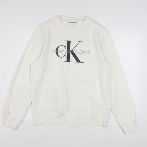 Calvin Klein Jeans Men's White Logo Sweatshirt M Pullover Crew Neck