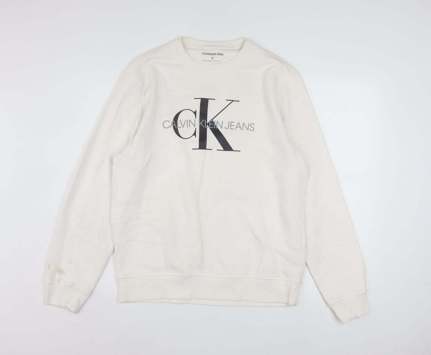 Calvin Klein Jeans Men's White Logo Sweatshirt M Pullover Crew Neck
