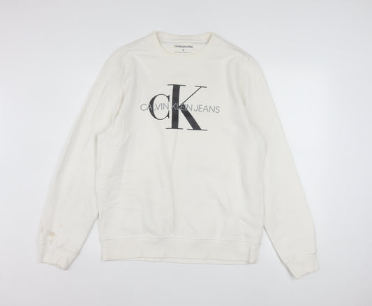 Calvin Klein Jeans Men's White Logo Sweatshirt M Pullover Crew Neck