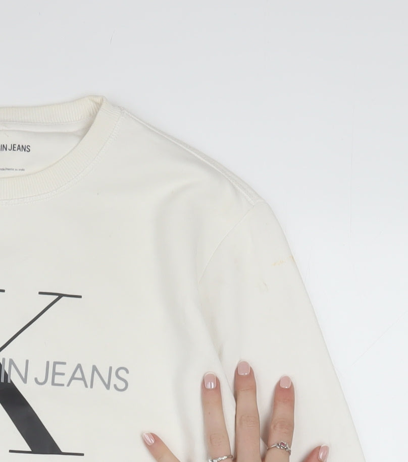 Calvin Klein Jeans Men's White Logo Sweatshirt M Pullover Crew Neck