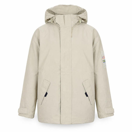 Front view of JM Sport Men's Beige Hooded Waterproof Parka Jacket, size M