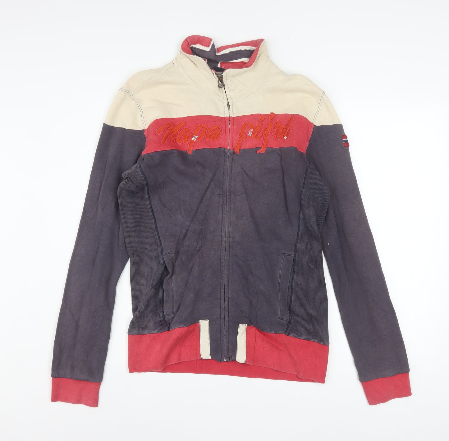 Napapijri Men's Beige Red Blue Track Jacket Size M Full Zip Cotton
