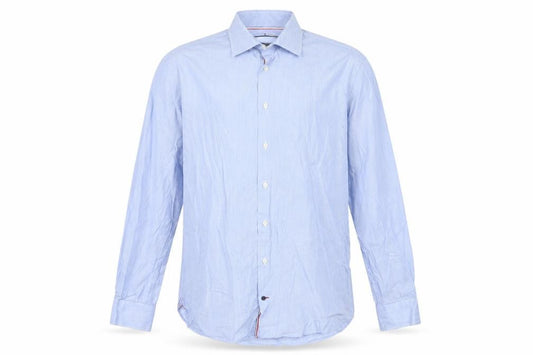 Front view of Tommy Hilfiger Men's Blue Striped Slim Fit Long Sleeve Button-Up Shirt, size 16