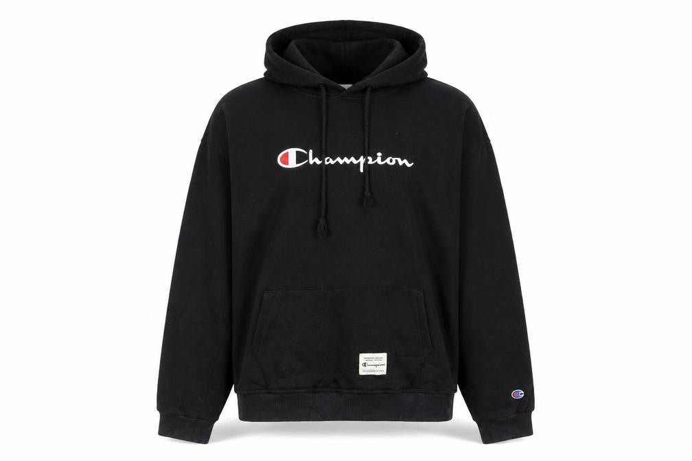 Front view of Champion Women's Black Pullover Hoodie Large Logo Embroidered Sweatshirt