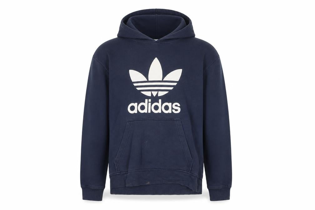 Front view of Adidas Men's Blue Pullover Hoodie L Fleece Logo Sweatshirt