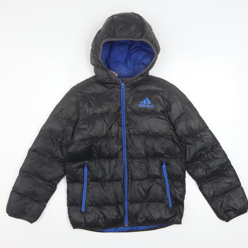 Adidas Boys Black Puffer Jacket 9-10 Years Hooded Lightweight Winter Coat