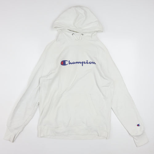 Champion Men's White Hoodie Pullover Medium Logo Print Cotton Blend