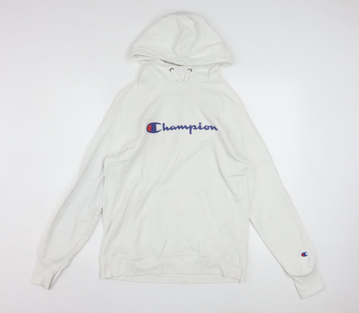 Champion Men's White Hoodie Pullover Medium Logo Print Cotton Blend