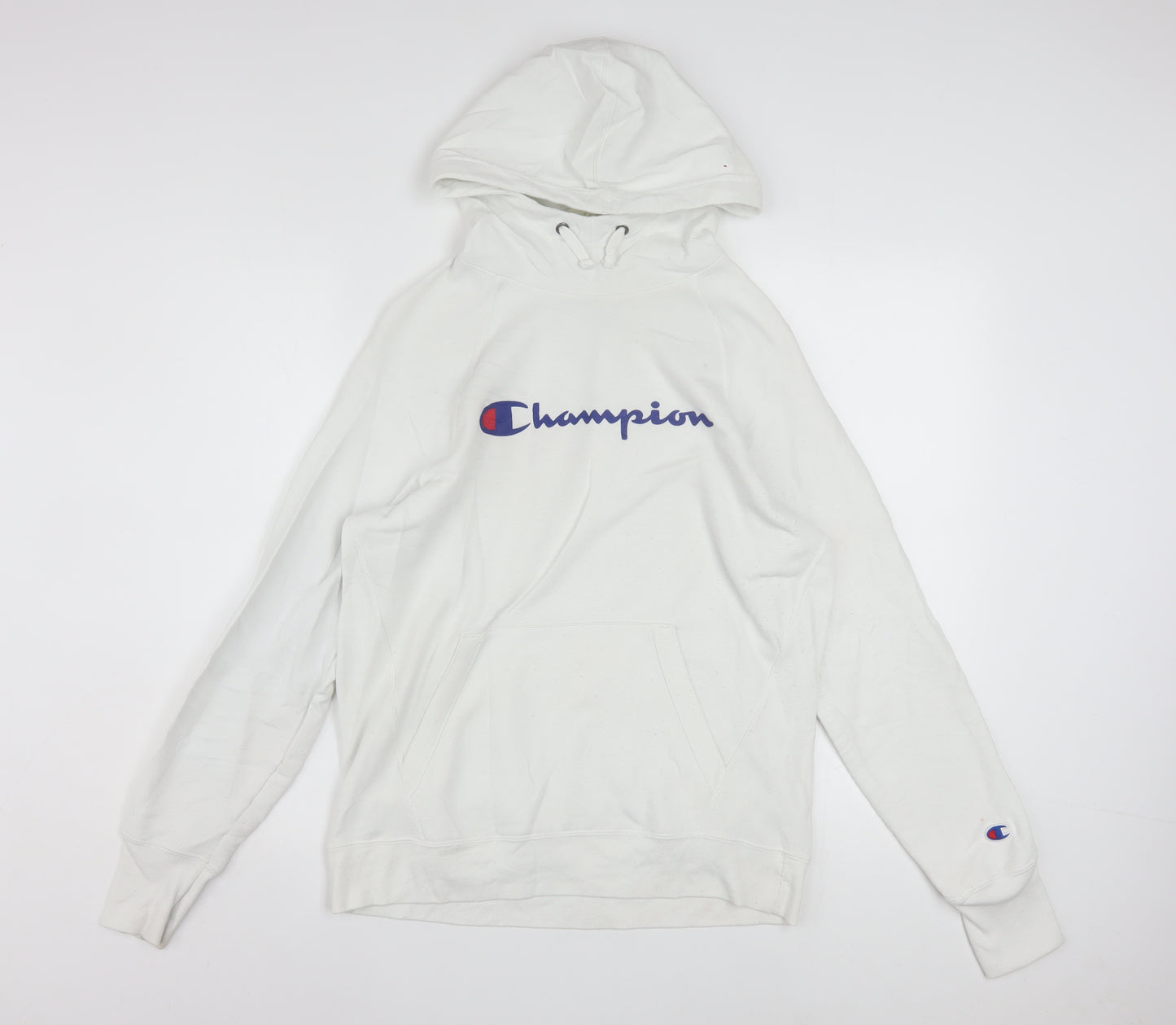 Champion Men's White Hoodie Pullover Medium Logo Print Cotton Blend
