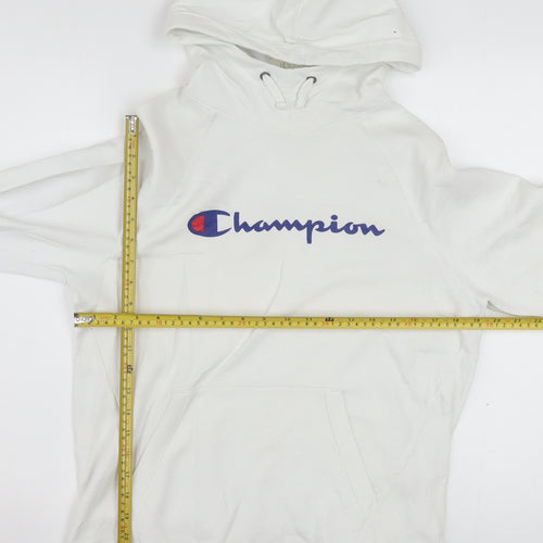 Champion Men's White Hoodie Pullover Medium Logo Print Cotton Blend