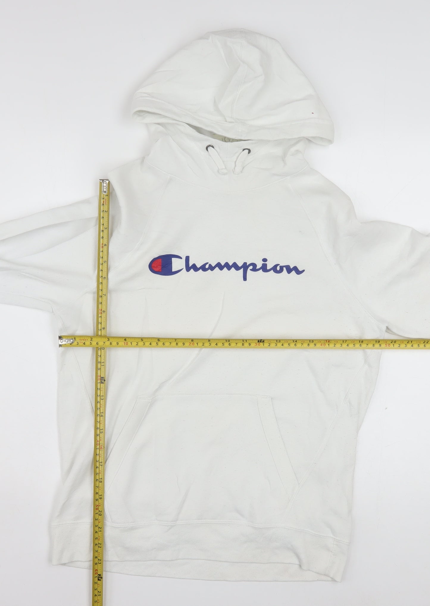Champion Men's White Hoodie Pullover Medium Logo Print Cotton Blend
