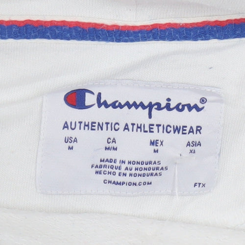 Champion Men's White Hoodie Pullover Medium Logo Print Cotton Blend