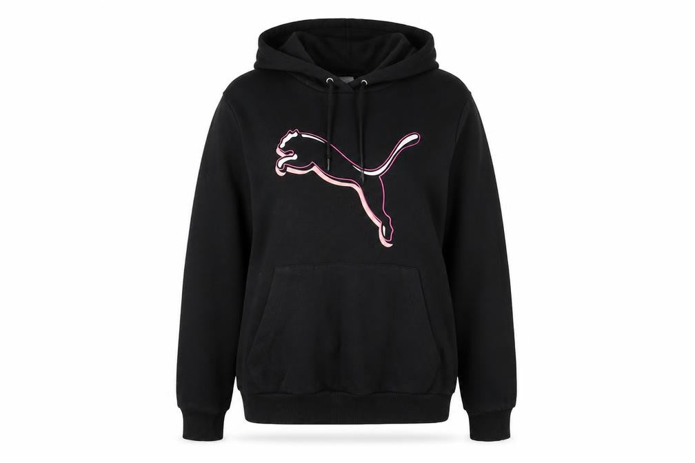 Front view of Puma women’s black large pullover hoodie with pink logo