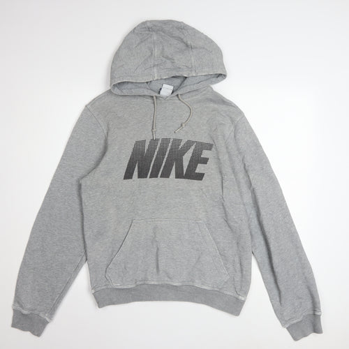 Nike Men Grey Pullover Hoodie Small Logo Graphic Cotton Blend
